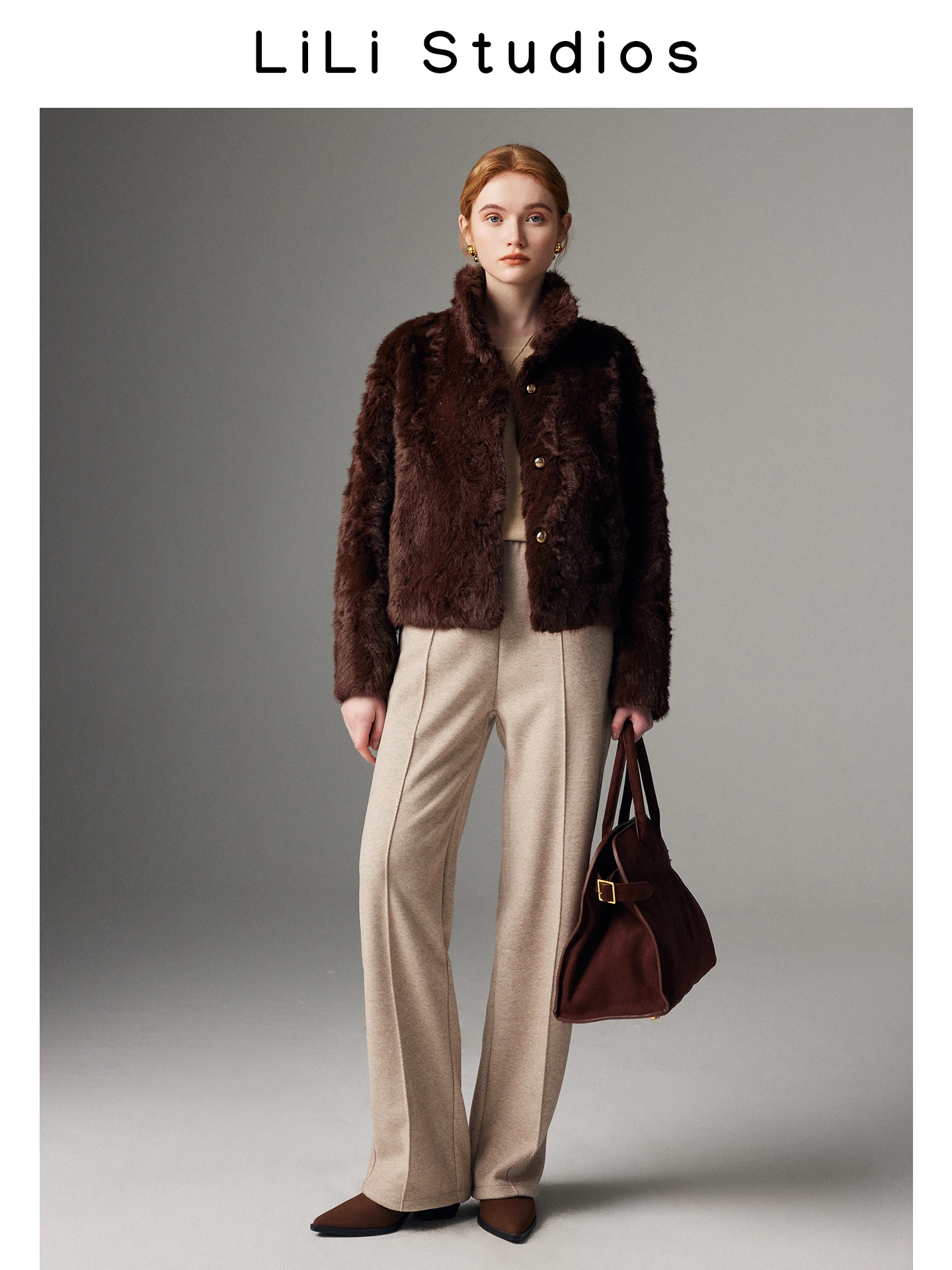 Cappotto Corto da Donna in Pelle Marrone con Pelliccia Integrata, Collo Alto, in Ecopelle di Pecora, Stile Pendolare, Imbottito