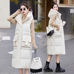 Winter New Fashion Hooded Down Cotton vest women's Long Warm Windproof Loose Casual Sleeveless Parkas Waistcoat Jacket Ladies