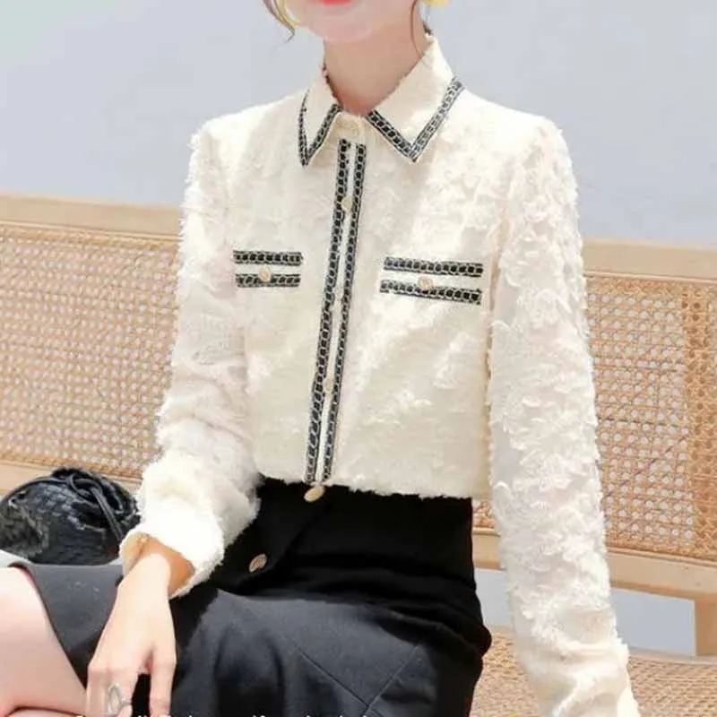 Lady New Lapel Collar Small Fragrant Cardigan Coat Female Fashion Chiffon Shirt Long Sleeved Underlay Appear Thin Cardigan Tops