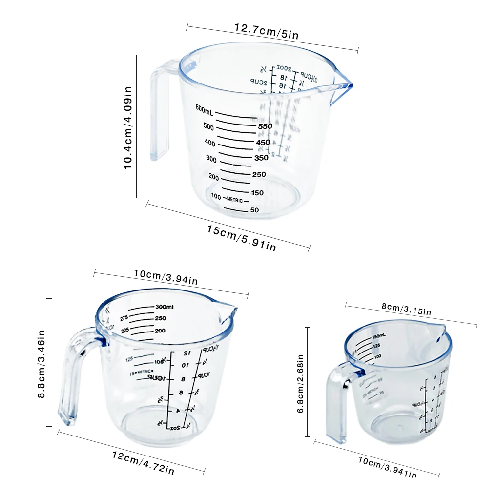 3Pcs Plastic Clear Measuring Cups Set Home Kitchen Baking Flour Sugar Water Jugs with Scales