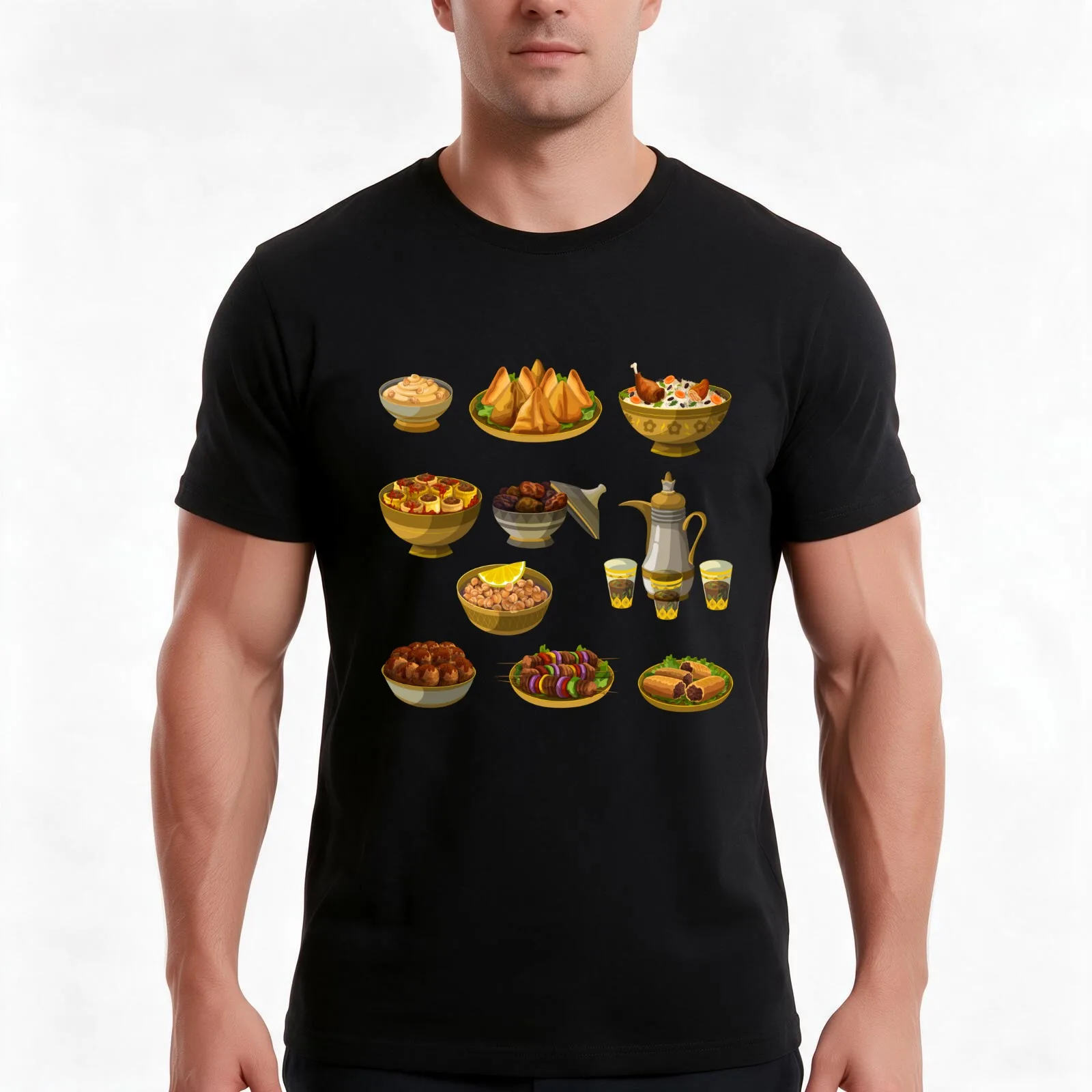 Assorted Arabic Food 3 T-Shirt, Summer Casual Cotton Tee, Oversized Streetwear Tops, Vintage Graphic Print, Unisex Men Women