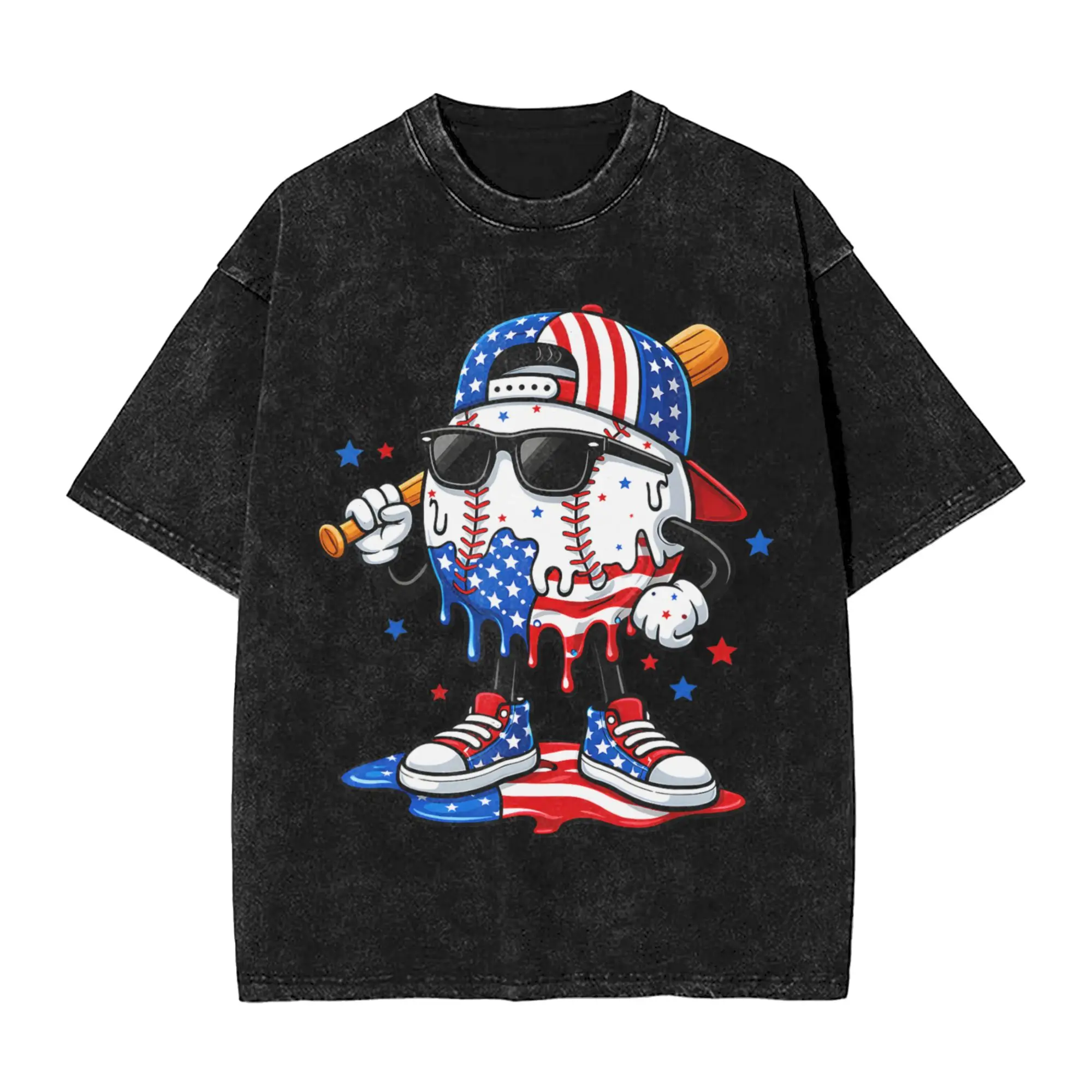 Baseball Drip Ice Cream Boys 4th of July American USA Flag T-Shirt Summer  Y2K Basic T-Shirts Casual Harajuku Tshirt For Men