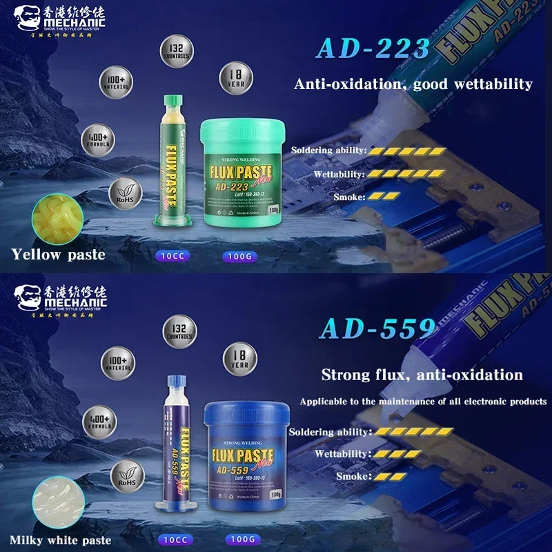 Imagem -03 - Solda Flux Paste Seringa 10cc Mecânico Ad223 Ad559 sem Chumbo sem Limpeza Líquido Halogênio Reparo Pcb Ferramenta de Solda