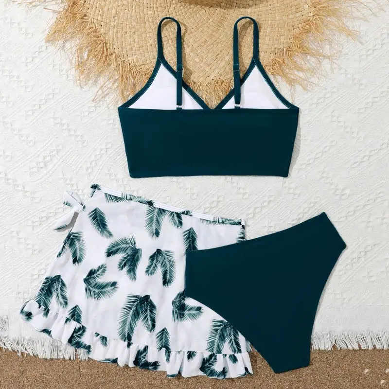 

8-14 Years Summer Children Girls Three Pieces Swimsuit Set Fashion Floral Beach Bikinis Set