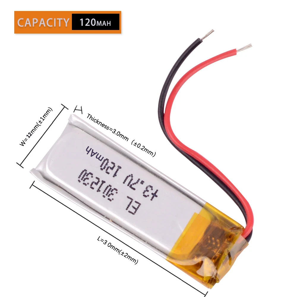 JST PHR-2-BK 2.02pin 301030 3.7V 120mAh Rechargeable Li-ion Polymer Battery Batteries 301230 for nice nano\