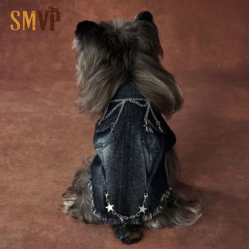 Fashion Frayed Hem Denim Dog Coat Retro Metal Ornament Detail Soft Thickened Fabric Stylish Daily Walking Outfit for Puppies