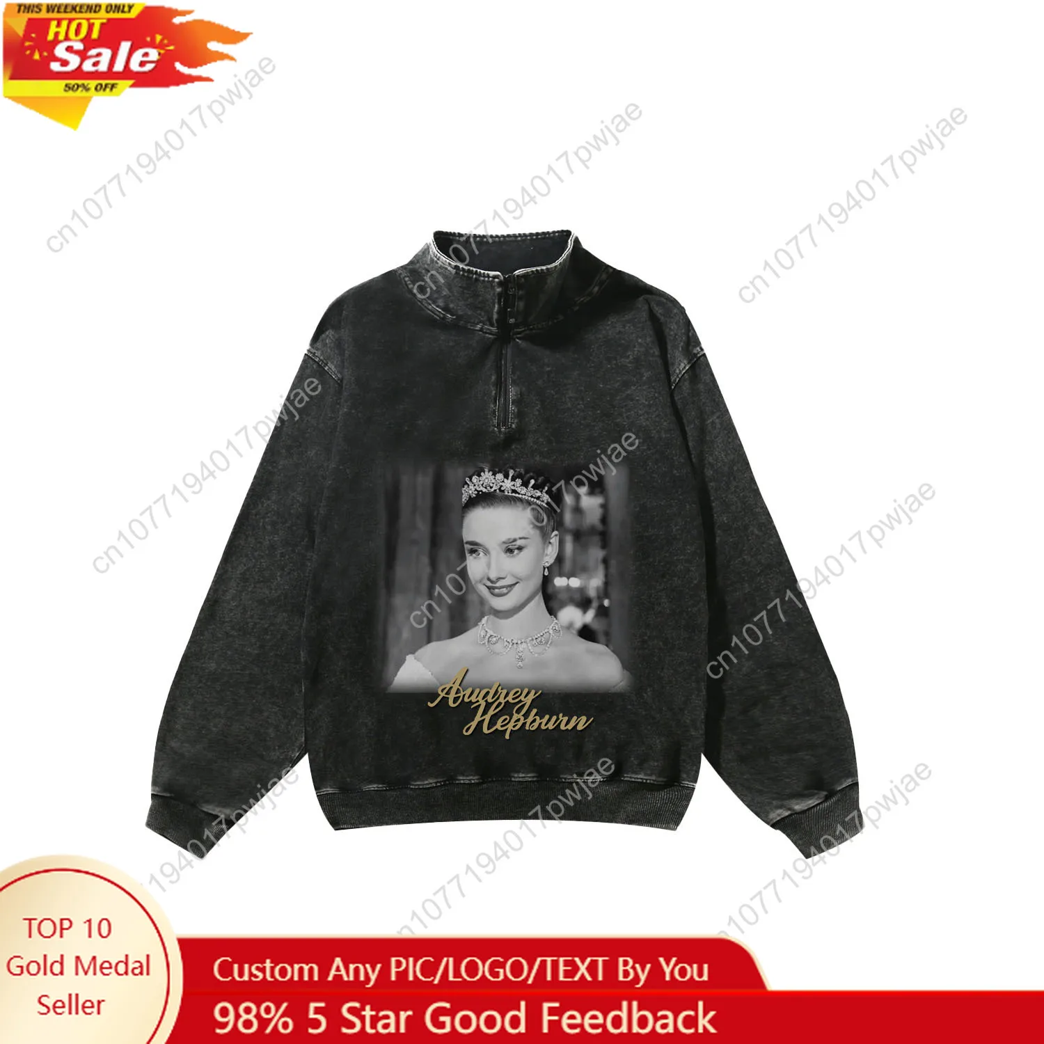 

Audrey Hepburn Custom Retro Sweatshirt Mans Womans Half Zipper Vintage Sweat Shirt Photo Custom Made Tops