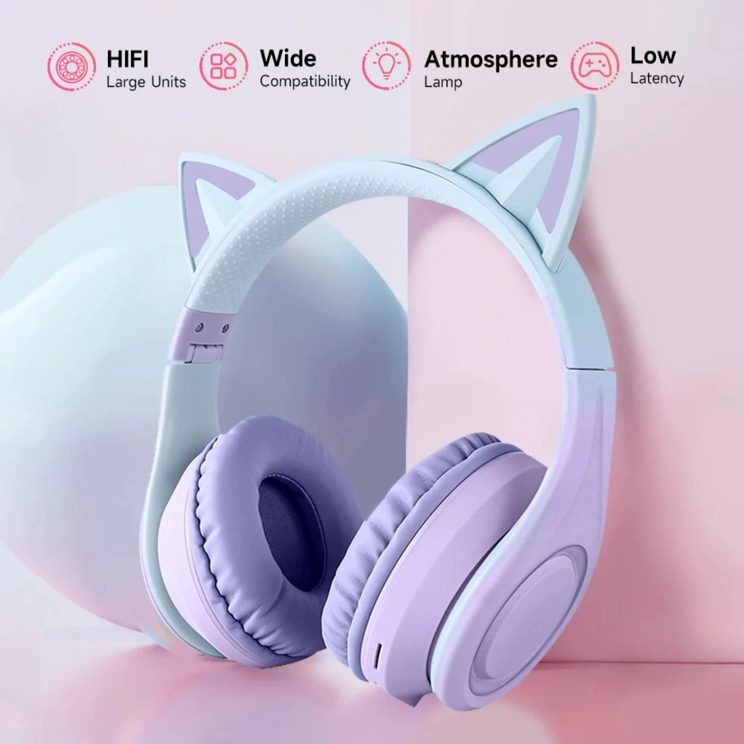 Gradient Color Cat Ear -Mounted Bluetooth 5.3 HIFI Sound Quality ANC Noise Reduction Folding Entertainment Headphones