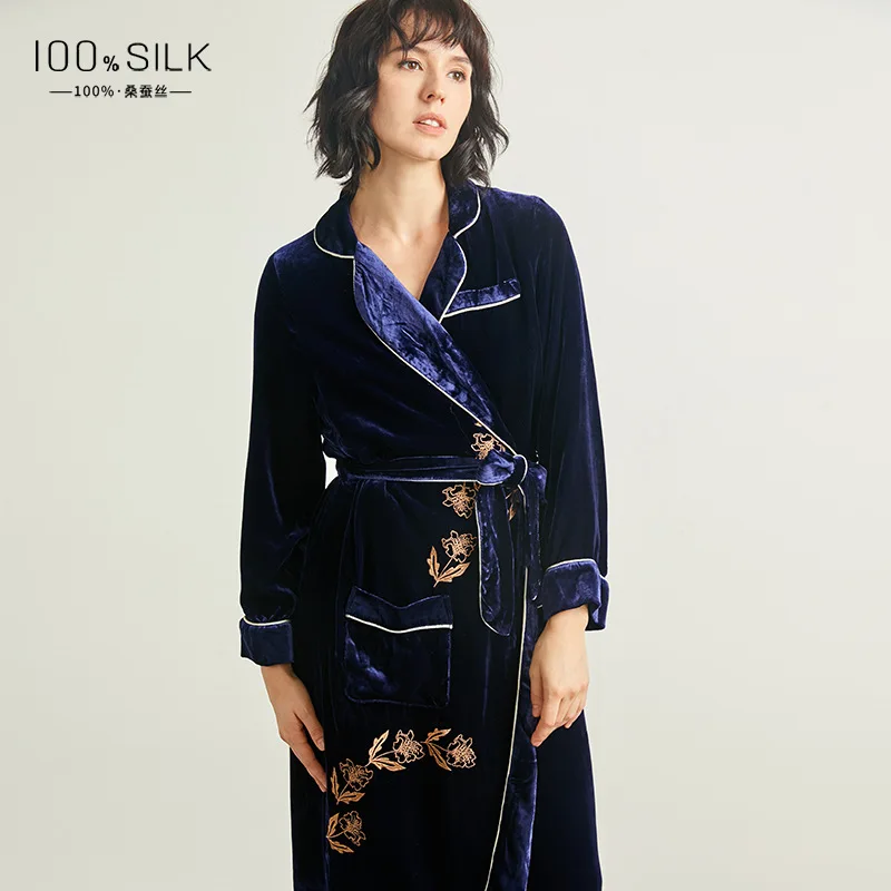 

19 Momme Heavyweight Silk Long Robe for Women 100% Mulberry Silk Velvet Long Sleeve Bathrobe Thickened Warm Kimono for Winter PJ