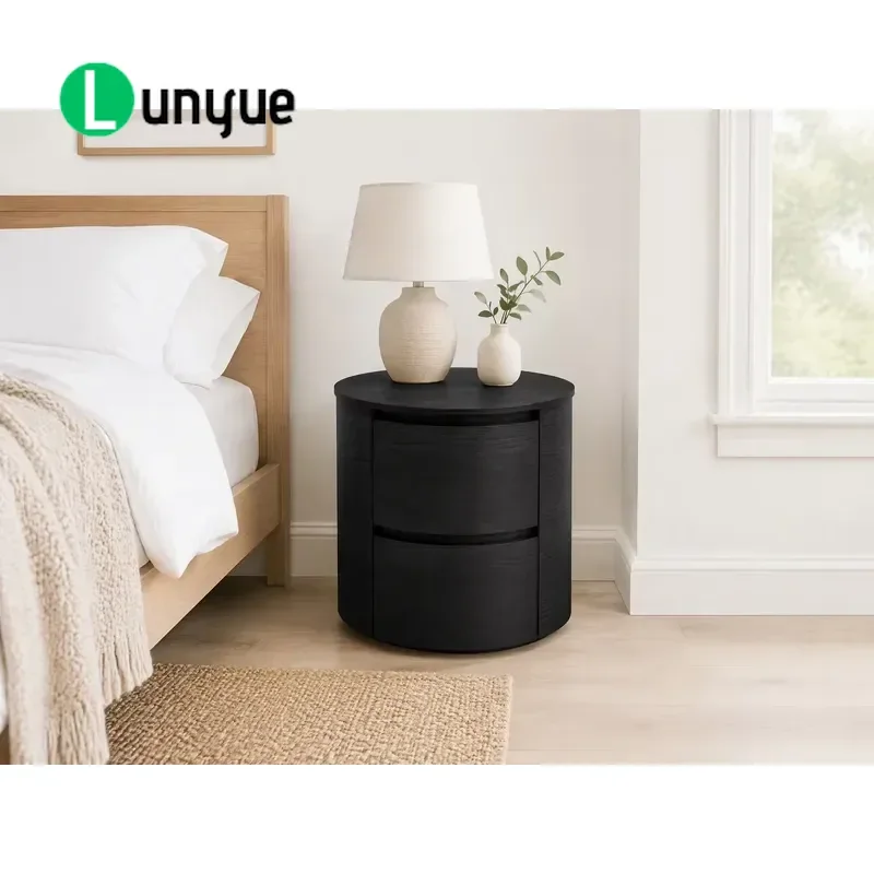 Round Solid Wood Countertop Cylindrical Italian Bedside Table with Two Drawers for Bedroom Furniture Storage Nightstand