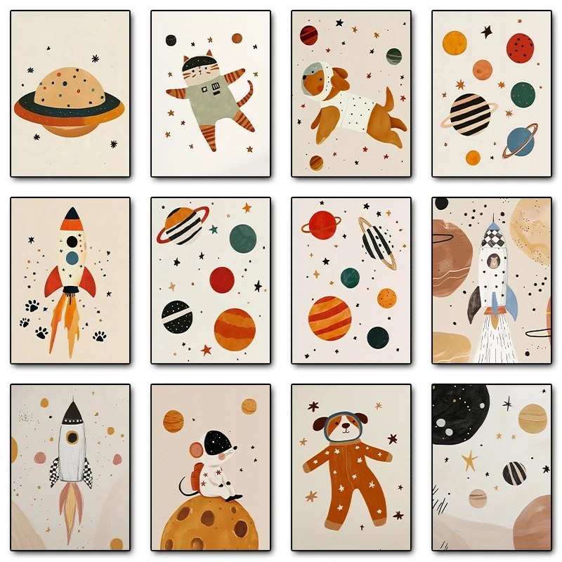 Space Solar System Planet Rocket Cartoon Posters and Prints Canvas Printing Wall Art Picture for Gaming Room Home Decor Gifts