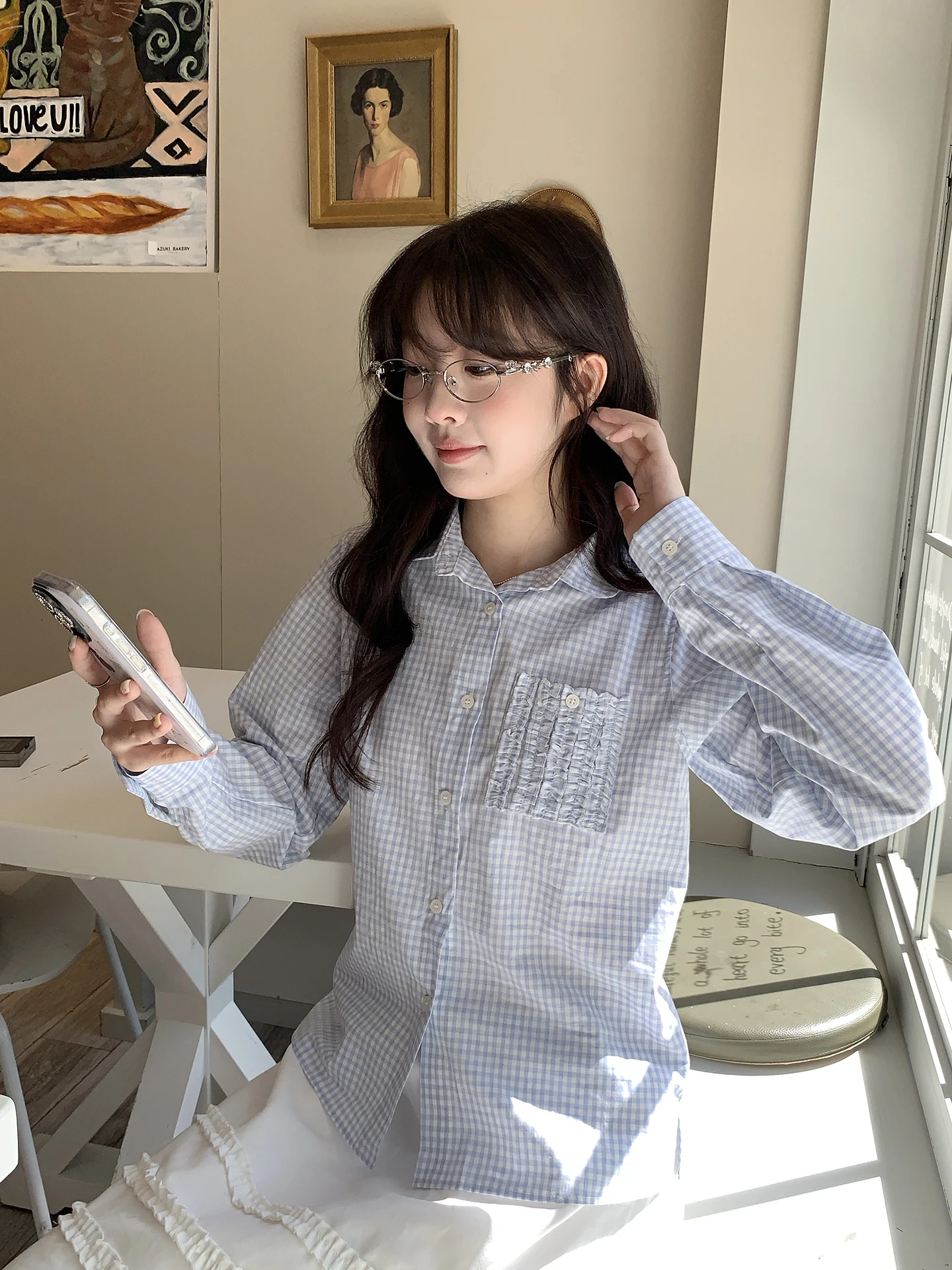 

Holli Korean Sle Agel Beautiful Design Ruffle ket Plaid irt Women's Spring New Faion Casual Long Sve Blouse