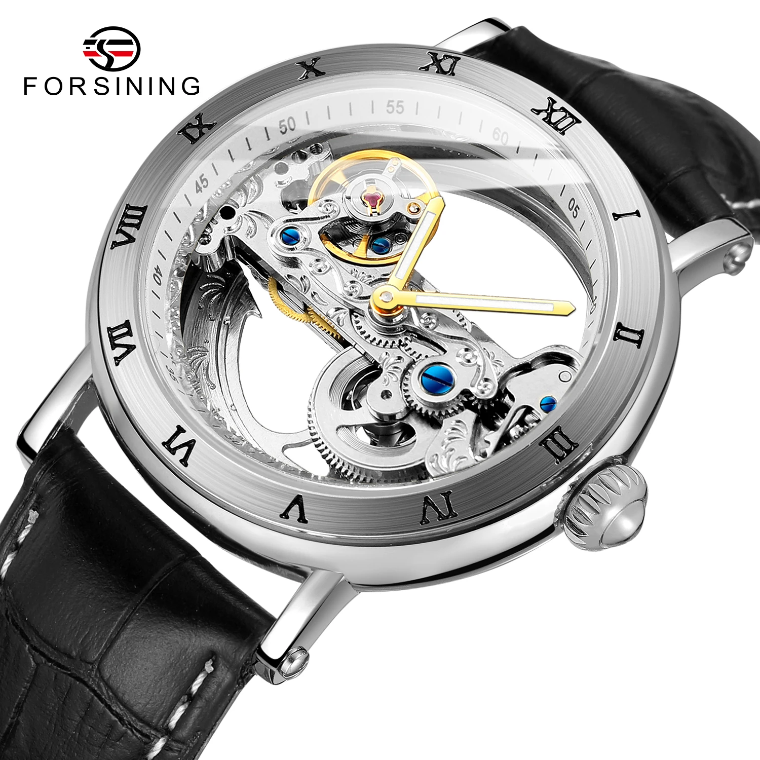 Forsining 208S Fashion Transparent Skeleton Mechanical Watch Men Leather Waterproof Luminous Hands Steampunk Automatic Watches