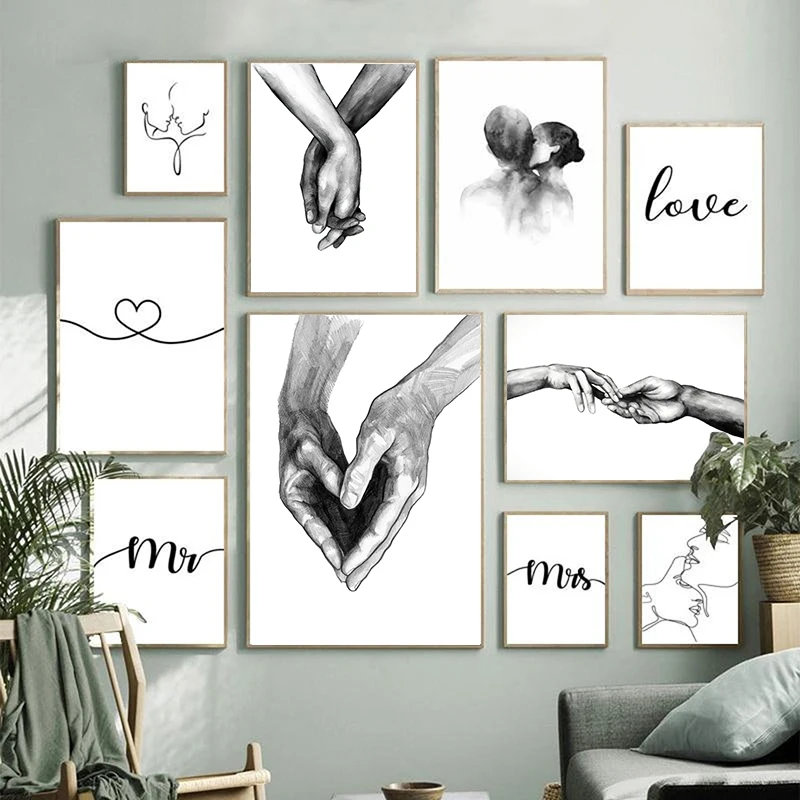 Affiches murales et imprimés d'art de ligne d'amour main dans la main, style nordique noir et blanc, peinture sur toile, image d'art pour décor de chambre de Couple
