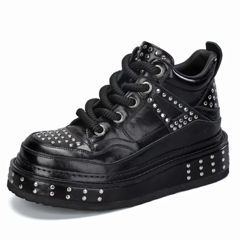 Riveted Horse Leather Shoes for Men's Thick Soled Height Increasing Shoes Hand Sewn Horsehide Casual Trendy High-top Board Shoes
