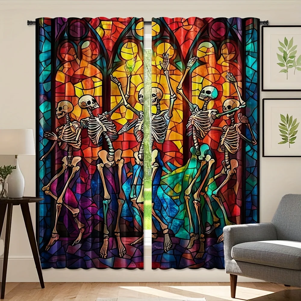 Gothic Skeleton Curtain Panels, Party Skeletons Color Mosaic Stained‑Glass Bold Tone Print Drapes for Halloween‑Style Apartment