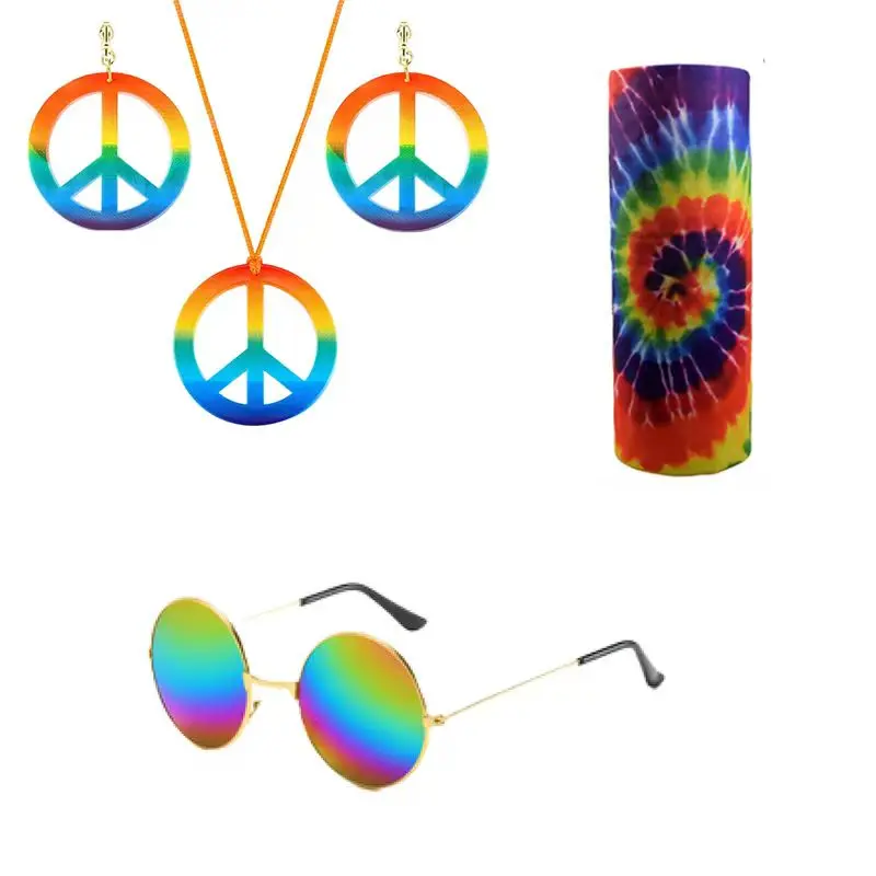 PESENAR Hippie Costume Set Glasses Headband Peace Sign Earrings Necklaces Tie Dye Bandana Hippie Accessory for 60s 70s