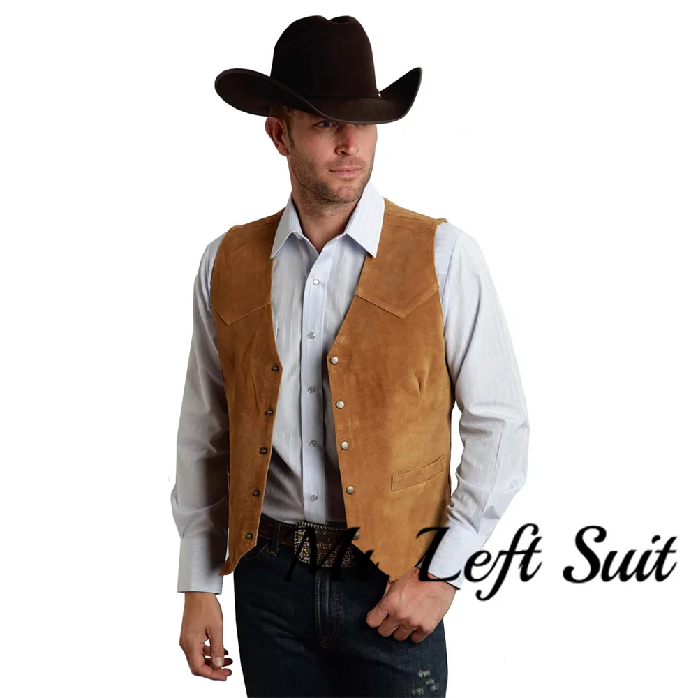 Men\'s Suede Leather Vest Gentleman Business Waistcoat Vintage Western Cowboy Regular Slim Business Banquet Men Suit Vest