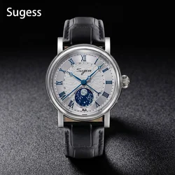 Sugess orologi da uomo orologio meccanico automatico Moonphase Tianjin ST2108 impermeabile Date Hands Sapphire Crystal Rome Wave Dial