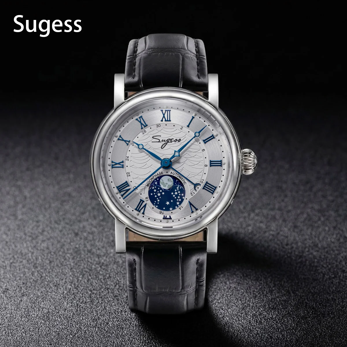 Sugess Watches for Men Automatic Mechanical Watch Moonphase Tianjin ST2108 Waterproof Date Hands Sapphire Crystal Rome Wave Dial