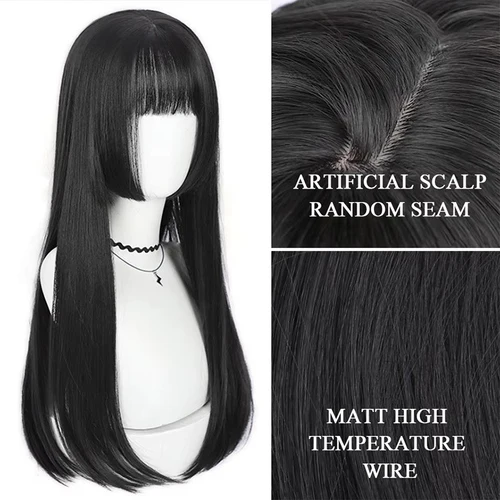 Imagen 2 del producto Peluca negra sintética larga y recta Natural con flequillo, pelucas de pelo Cosplay de Lolita para mujer, peluca de fiesta diaria de fibra resistente al calor para mujer