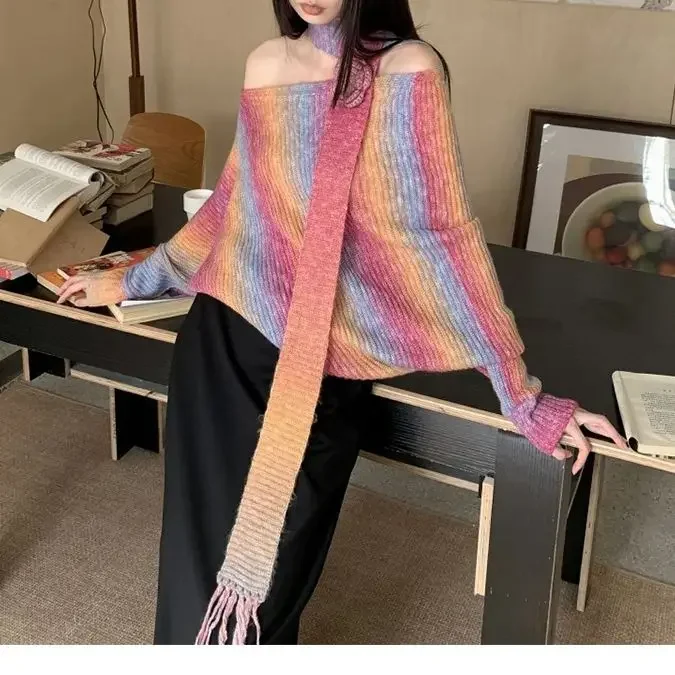 Women Rainbow Pullover Knitted Sweater Y2k 90s Aesthetic Fashion Harajuku Korean Vintage Long Sleeve Sweaters 2000s Clothes 2023