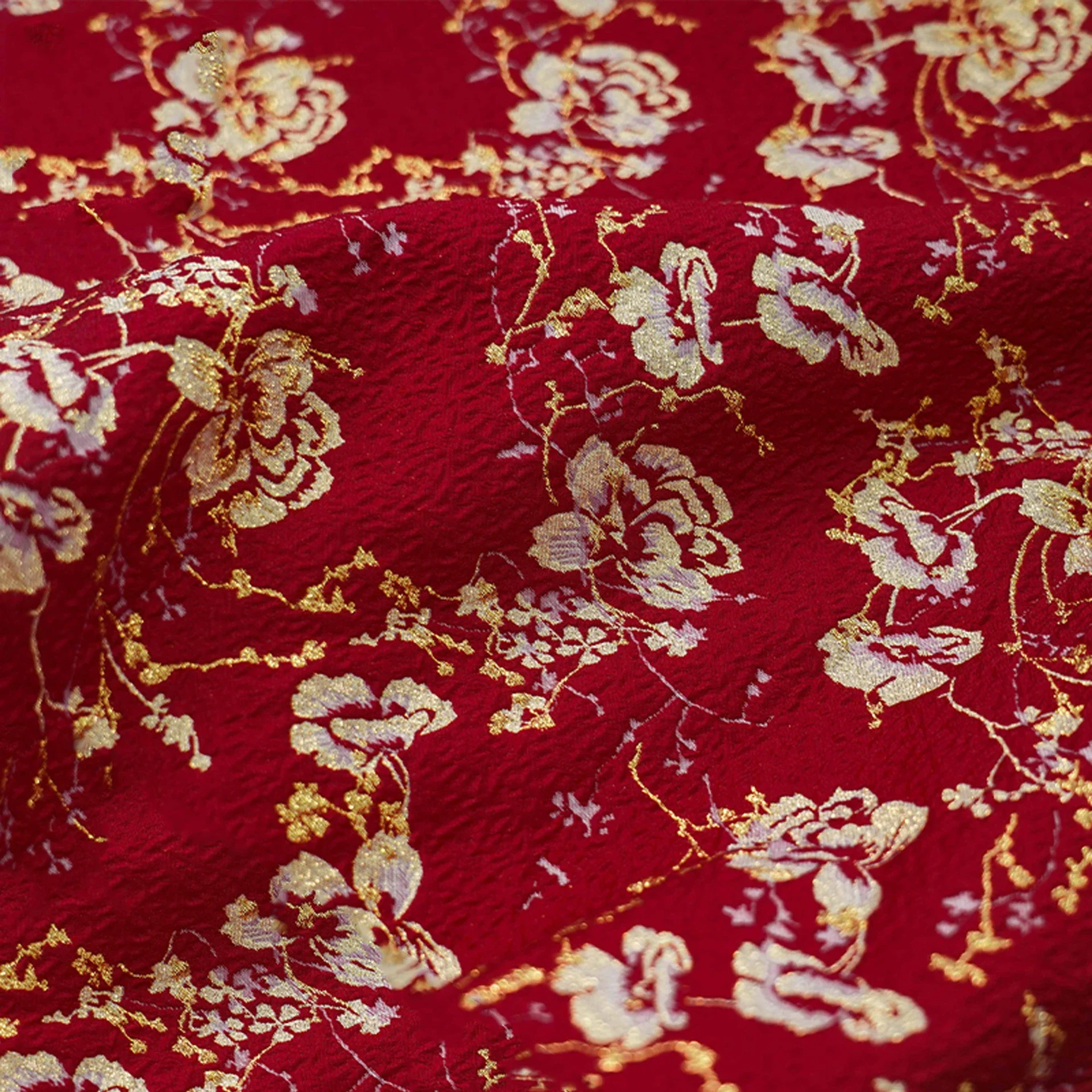 Gold Silk Flower Relief Jacquard Fabric Bright Red Dress Skirt Vest Decorative Sewing Fabric