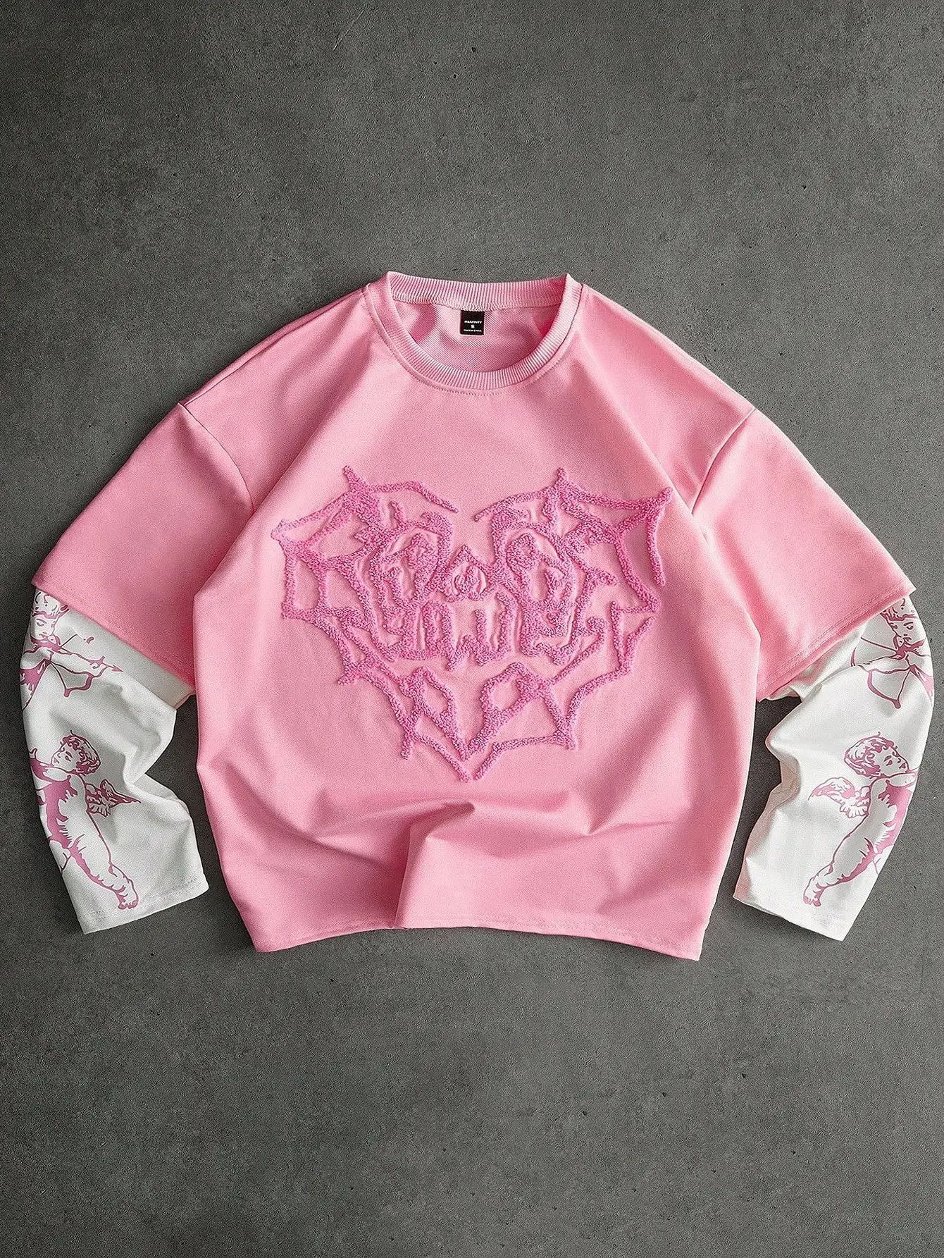 

Pink Streetwear Long Sleeve T-Shirt with Embroidered Heart Graphic and Angel Print Sleeves, Casual Fall Top