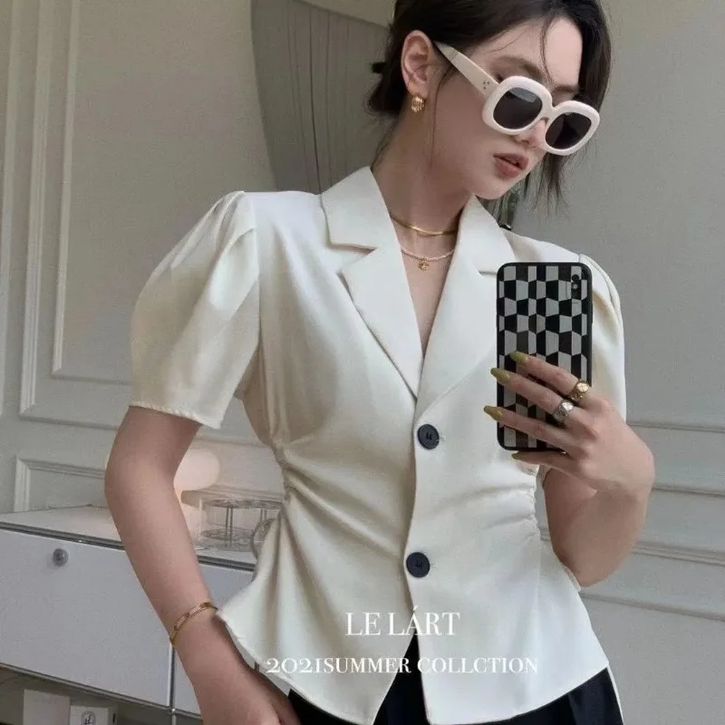 

Summer New Korean Design Drawstring Waist French Women's Summer Short-sleeved Top