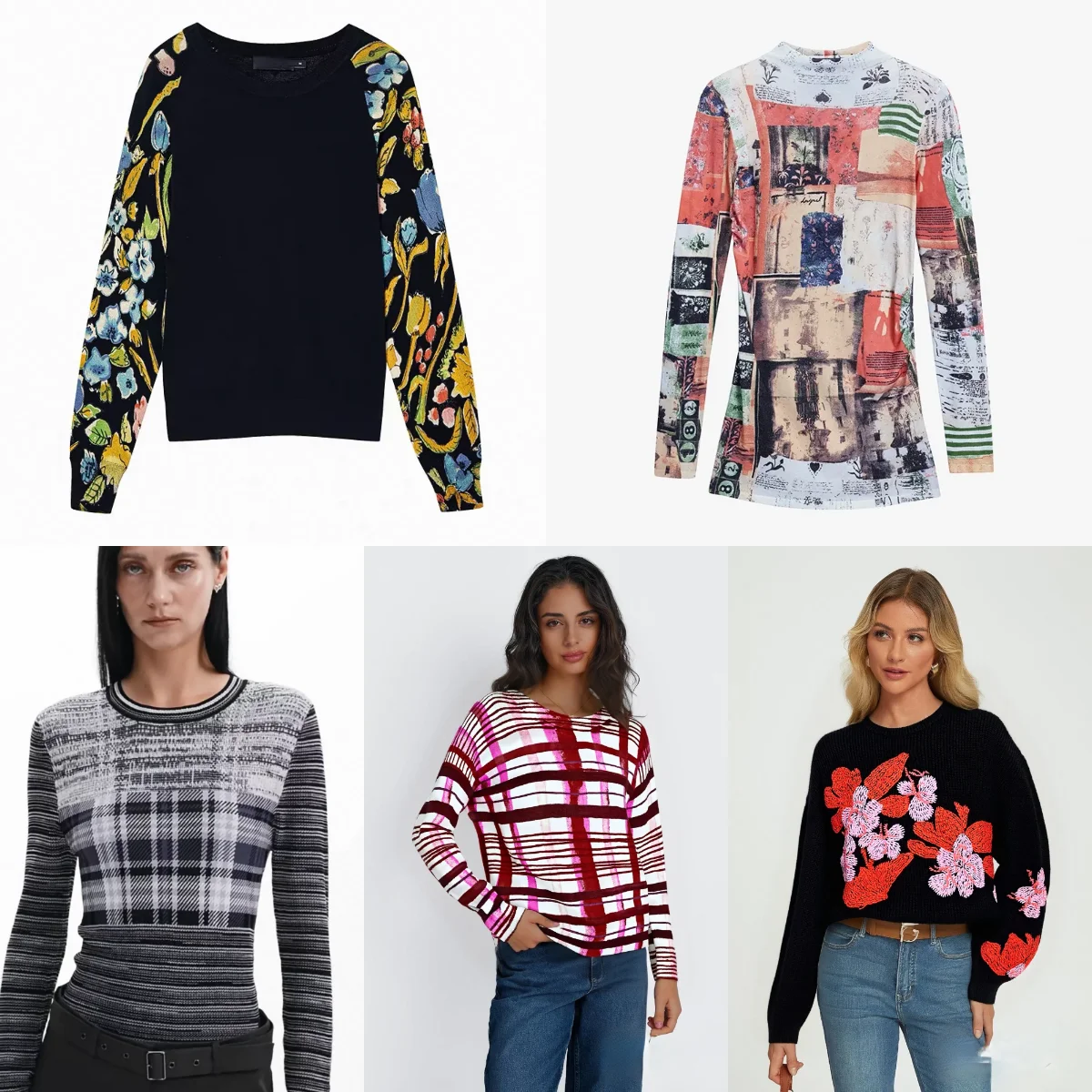 European and American original single women's knitted sweater, Spanish light luxury embroidered printed patchwork design sweater