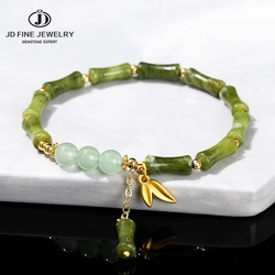JD Natural Stone Southern Jade Bamboo Joint Alloy Leaf Pendant Bracelets Women Vintage Reiki Healing Strand Bangles Simple Gift
