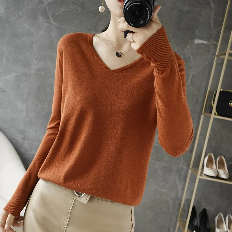 

Women Sweater 2024 Spring Autumn Warm Winter Slim Fit Bottoming Shirt V-neck Korean Knitted Tops Casual High Strecth Jumpers