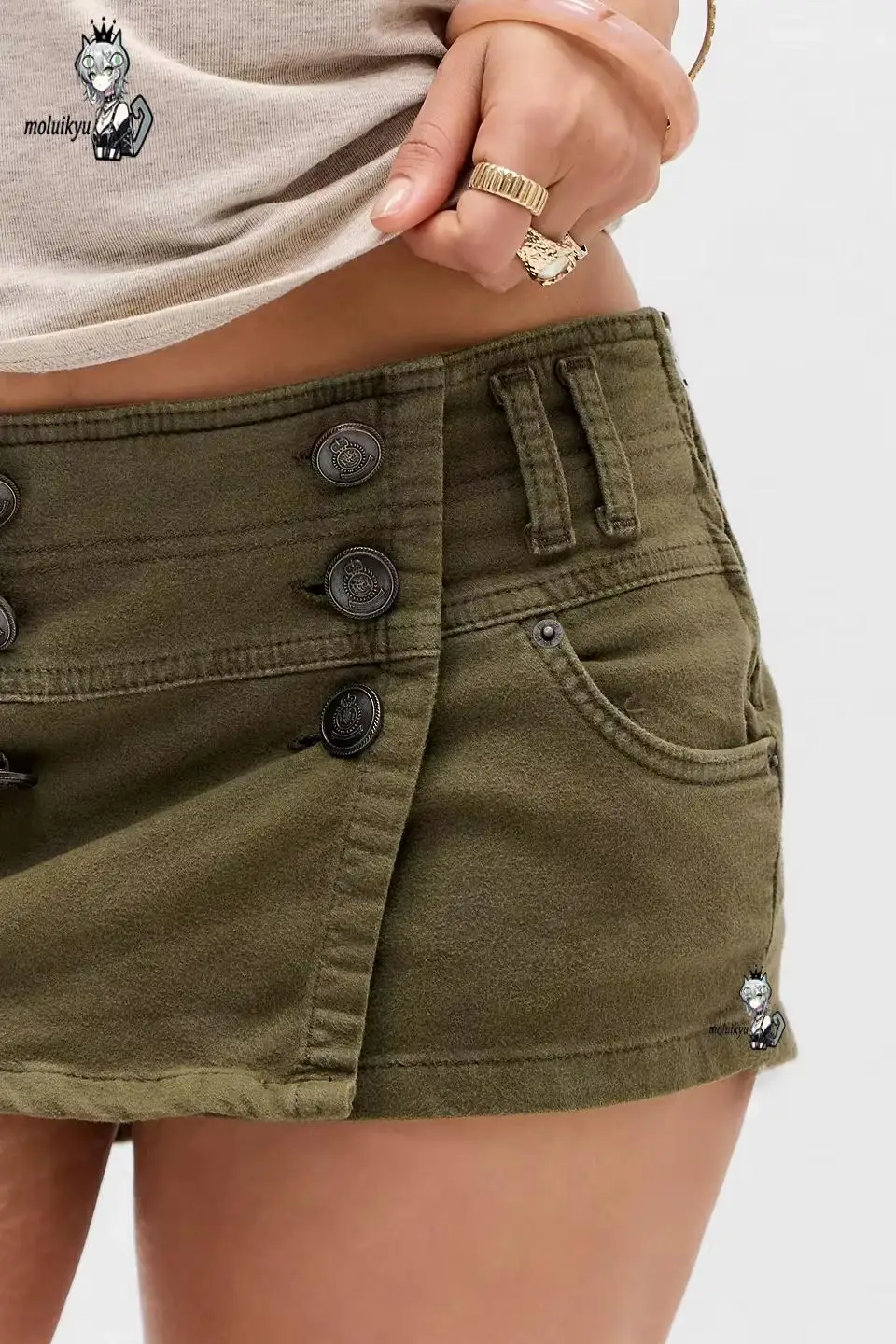 American Y2K Retro Button Military Green Skirt Harajuku Women's Washed Denim Tight Low-Waist Fashion Skirt Cargo Short Skirt view 4