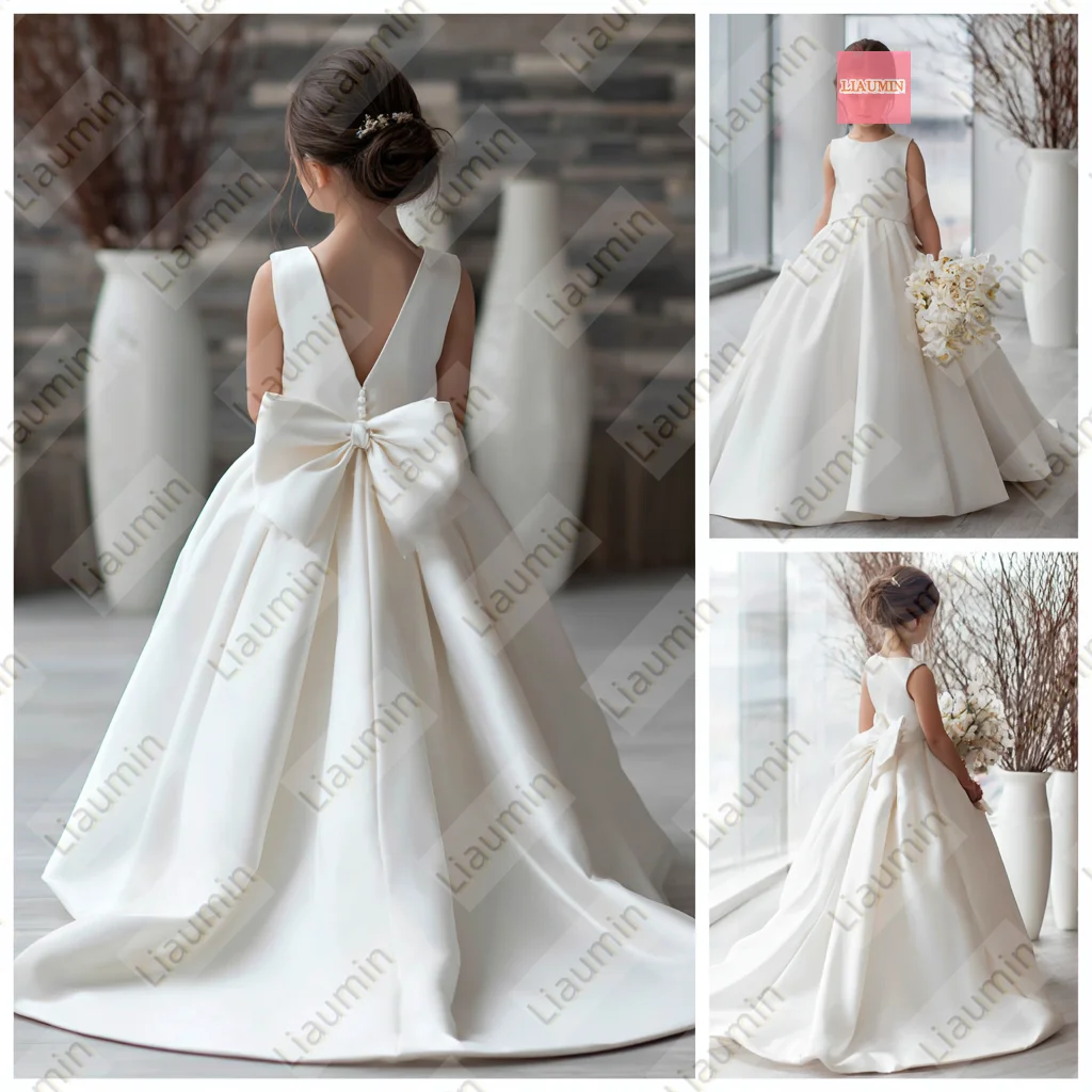 

Платья для девочек-цветочниц на свадьбу, атласная длинная длина принцессы с бантом, платья для первого причастия, вечерние пышные юбки по индивидуальному заказу W19-36