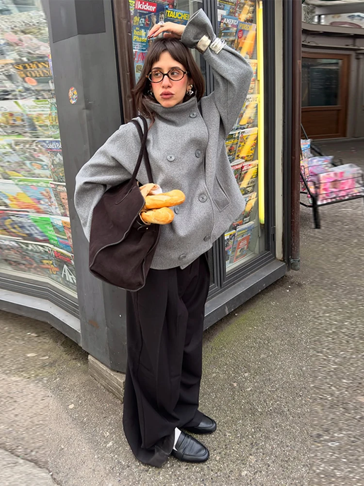 معطف نسائي أنيق بياقة واقفة وأكمام طويلة معاطف نسائية متينة مزدوجة الصدر موضة خريف 2025 بلوزة نسائية عالية الشارع #2