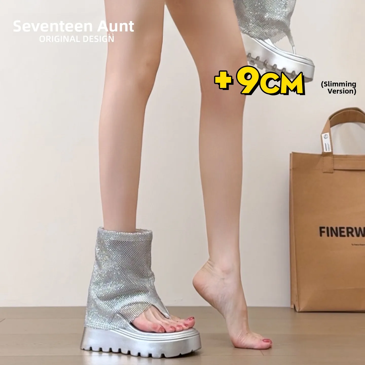 Street Style Thick Heel Sandals Women's Summer Fashion Outerwear Mesh Hollow Breathable Toe Clip-On Boots round Toe Ultra-Fiber
