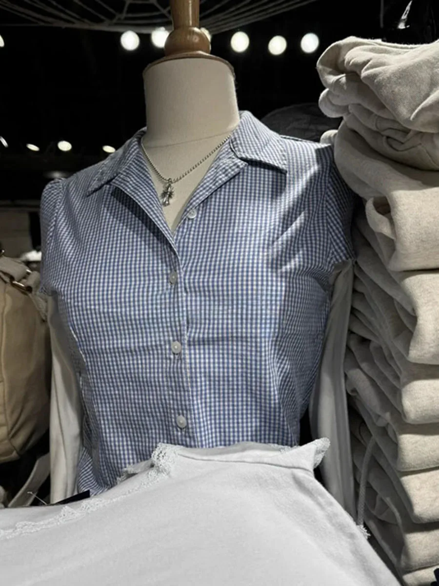 Blue Plaid Slim Short Sleeve Blouses Women Summer New Turndown Collar Single Breasted Blouse Preppy Style Vintage Casual Shirts
