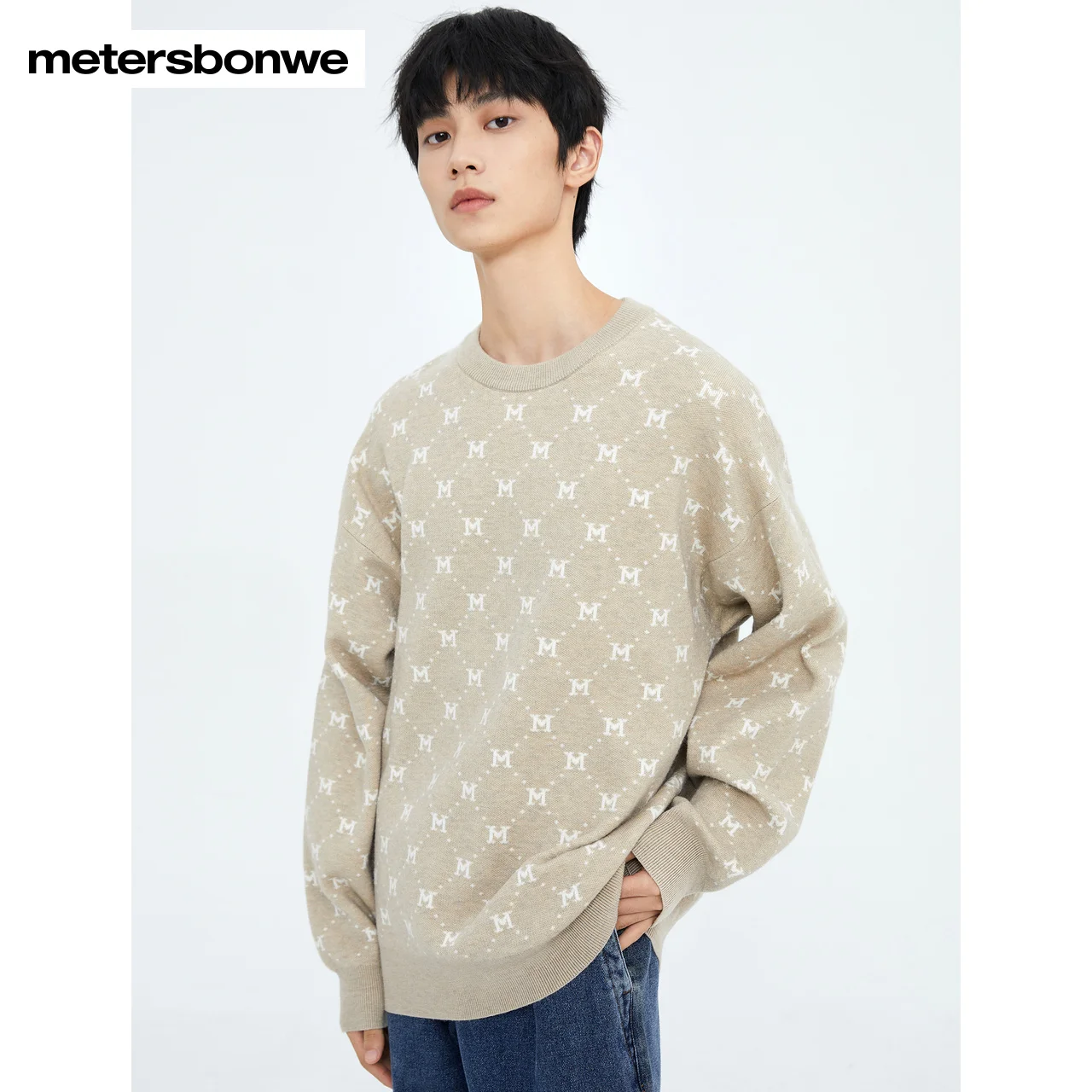 Metersbonwe-Men Long-Sleeved Sweater Jumper Rpund Collar Letter Jacquard  Minimalist Stylish Casual Warm Wear Tops Winter