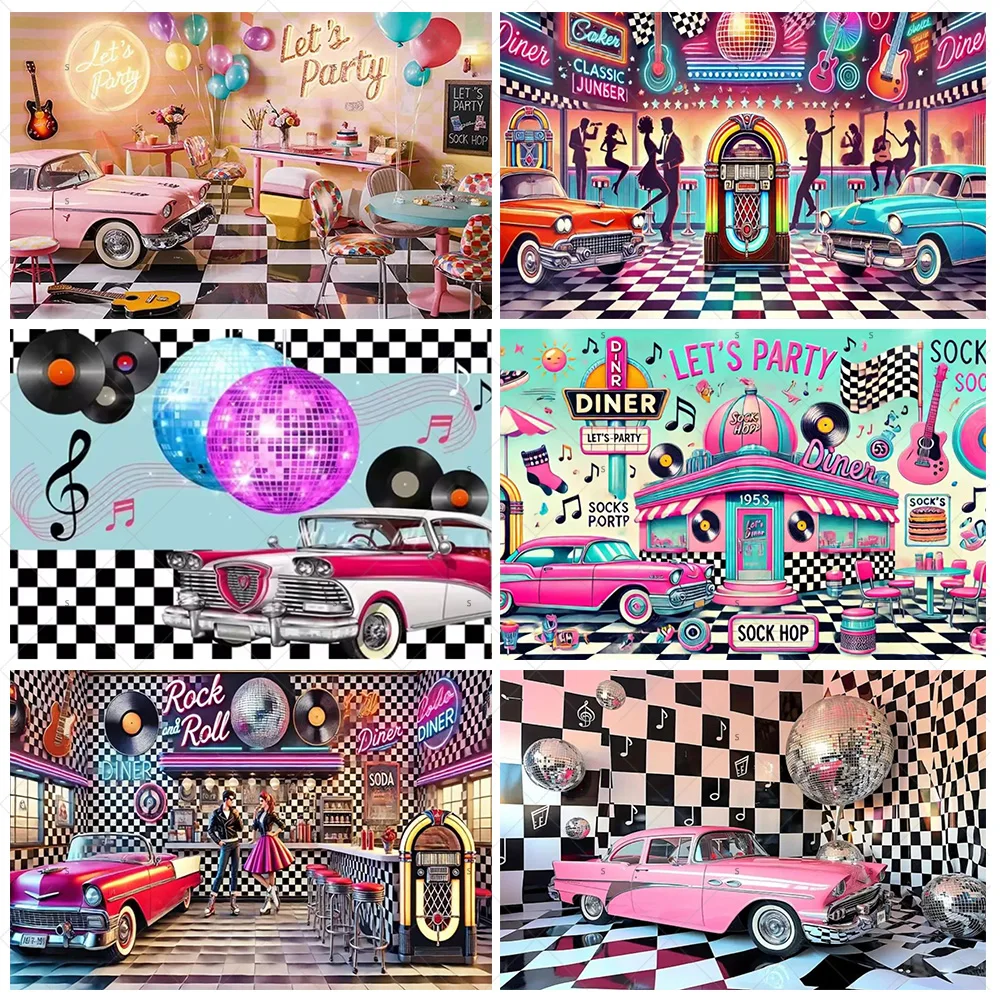 

1950s Rock Restaurant Party Decoration Car Musical Element Background Banner Retro Neon Light Backdrop Supplies Photography Prop