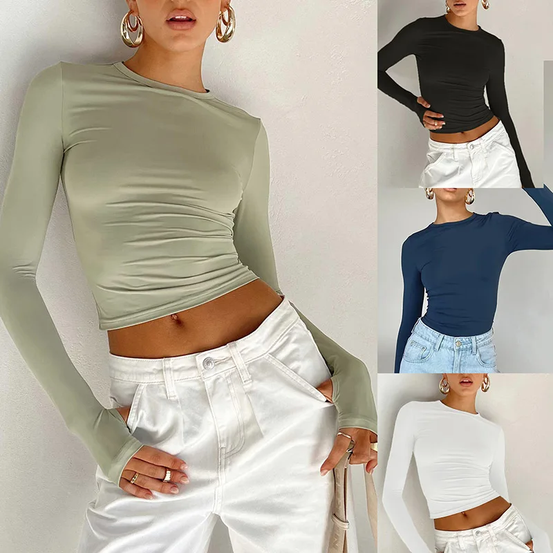 

Fashion Women T-shirt Long Sleeve Crew Neck Solid Slim Fit Ladies Crop Top with Thumb Holes for Daily Streetwear Summer Camis