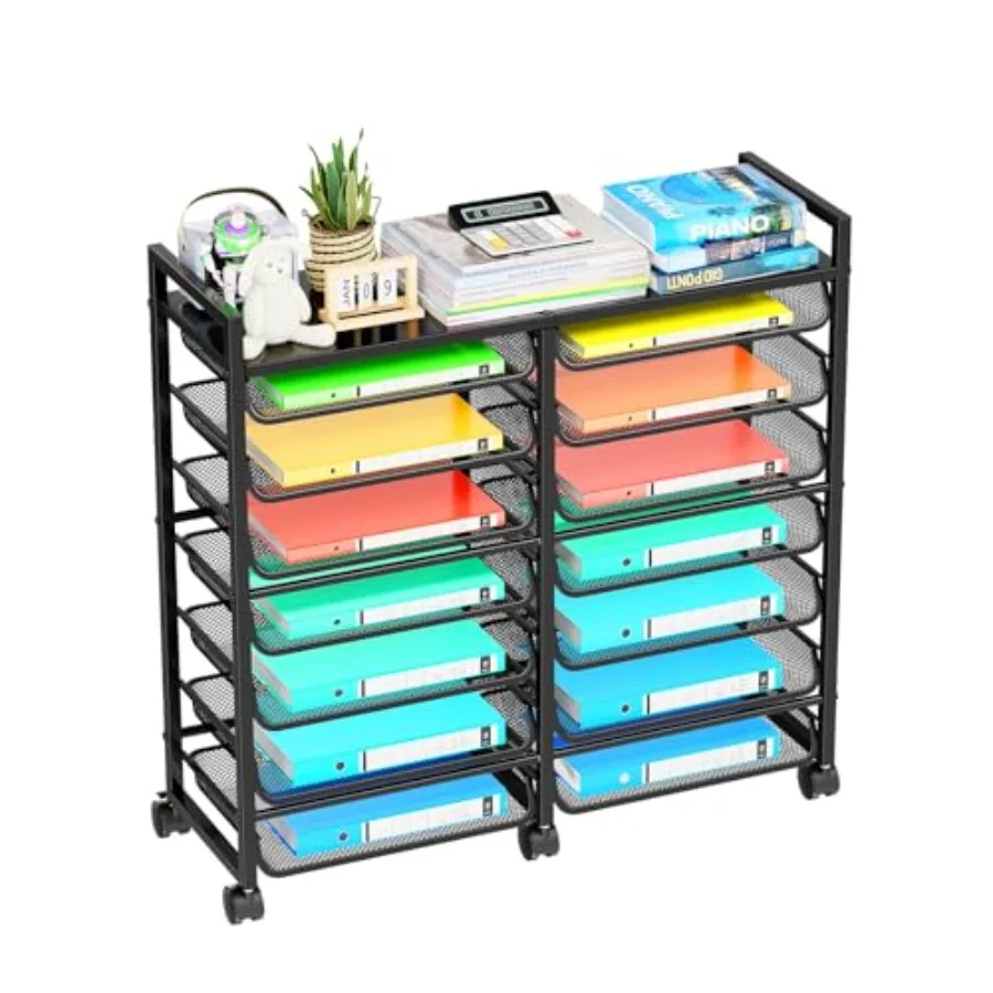 Rolling File Storage Cart 15-Tier Metal Desk File Organizer with 14 Mesh Sliding Trays Multi-Functional Clutter Cart for Office