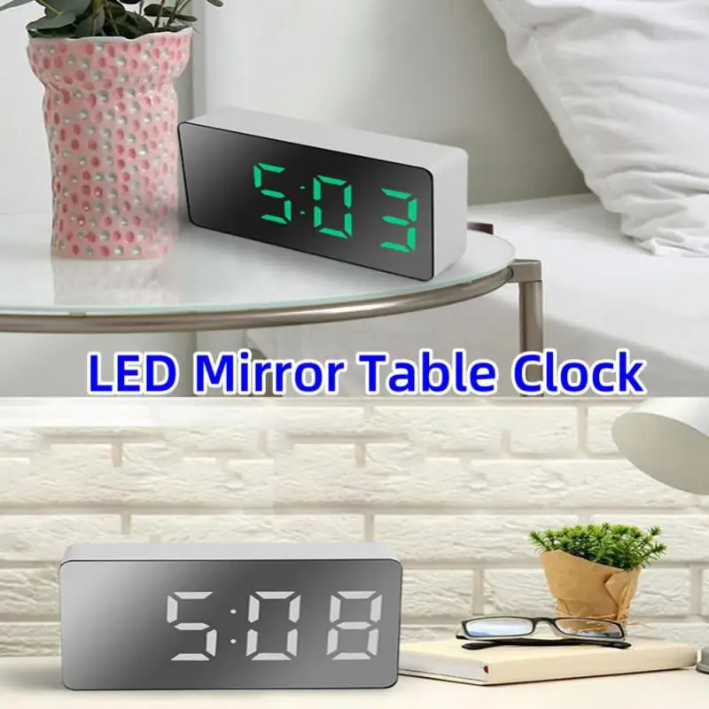 1Pc White LED Mirror Table Clock Snooze Display Time Night Light Desktop USB Alarm Clock Home Decor Gifts for Children