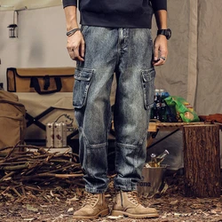 Jeans de perna reta com bolso grande masculino, calça casual e solta, retrô e elegante, hip-hop e retrô, novo e splicing, 2023