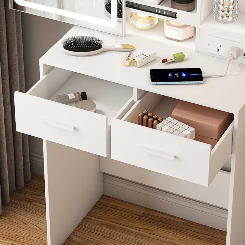 Makeup Vanity Desk With Mirror Adjustable LED Lights Built In Power Outlet Hidden Storage  Includes Padded Stool  Shelf Space S