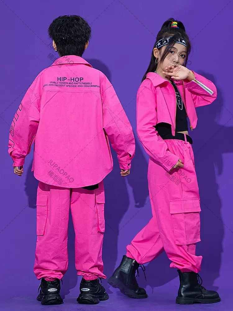 Pink Hip Hop Dance Clothes For Kids Kpop Costume Tooling Coat Cargo Pants Girls Concert Group Hiphop Performance Outfit JUPAOPAO