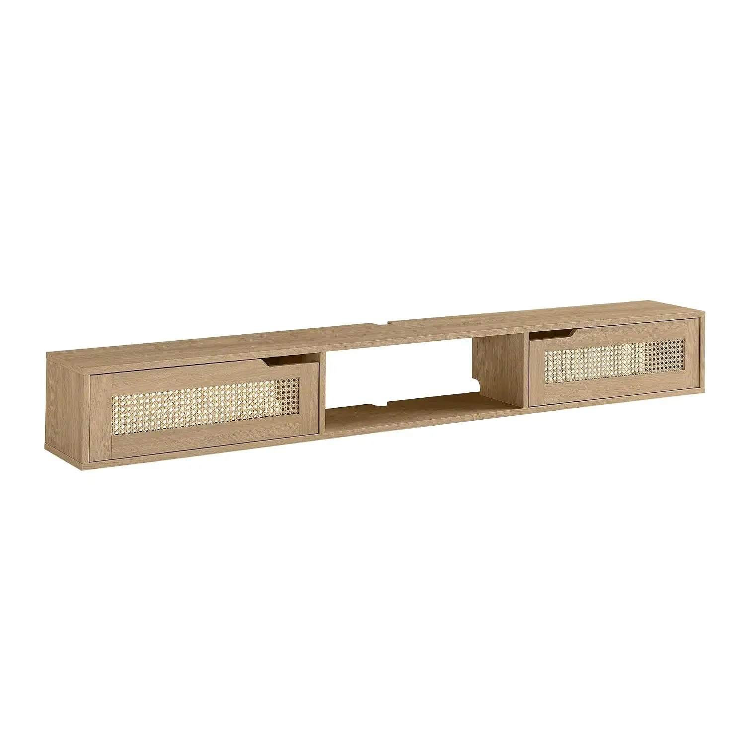 Modern Rattan Flip-Down-Door Wall-Mounted Floating TV Stand for 80 Inch TV, 70 Inch, Coastal Oak, Customized
