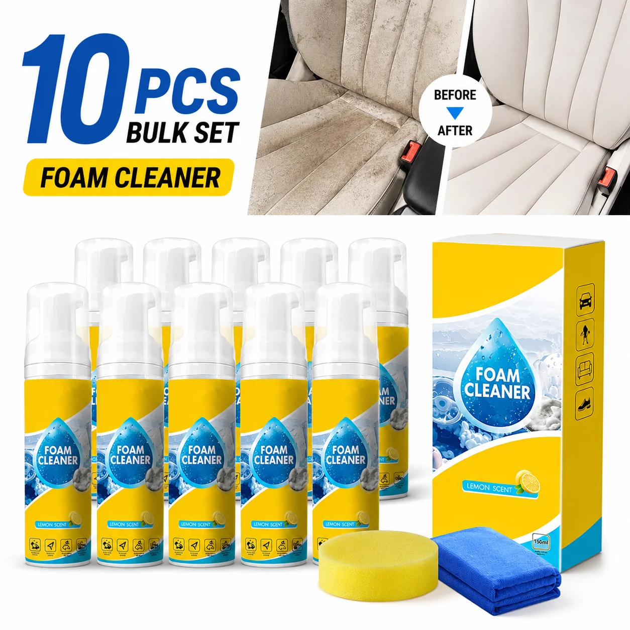 10pcs Car Interior Cleaning Foam Leather Seat Roof Upholstery Cleaner Neutral Stain Remover No Wash Multi Surface Care Spray Kit