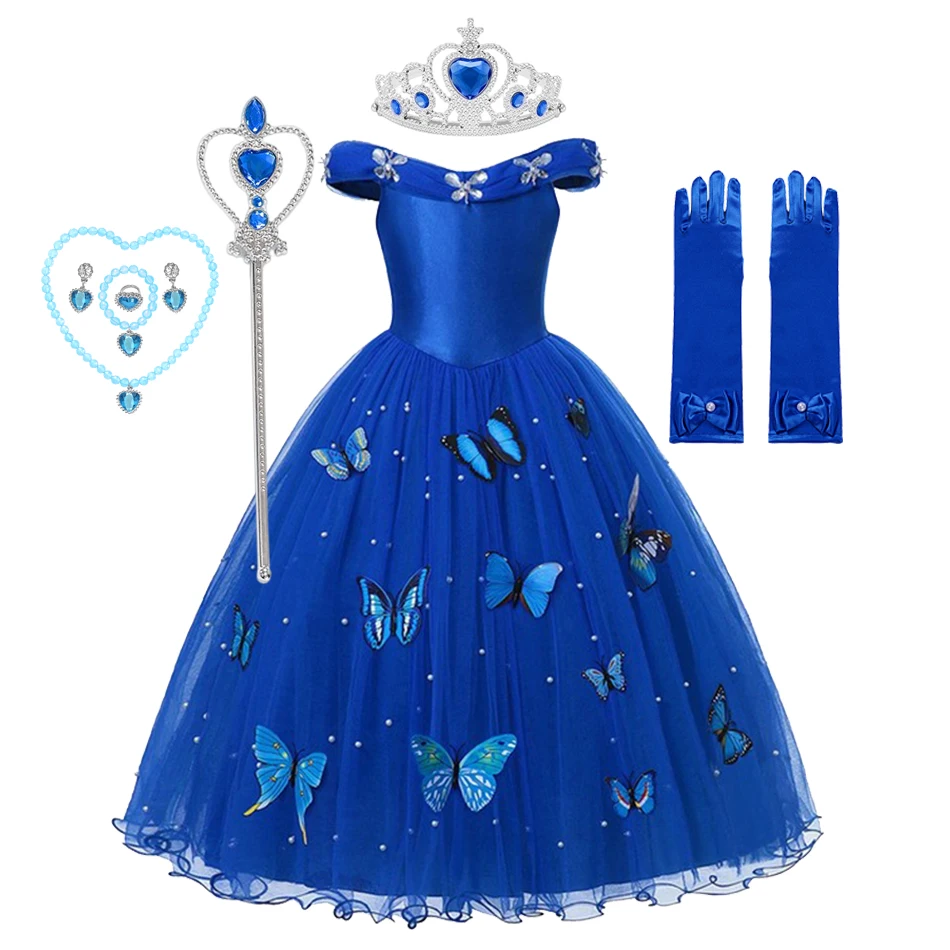 Children's Princess Dress Cinderelle Halloween Vestidos Party Cosplay Girls Pearl Butterfly Costume Kids Ball Gown