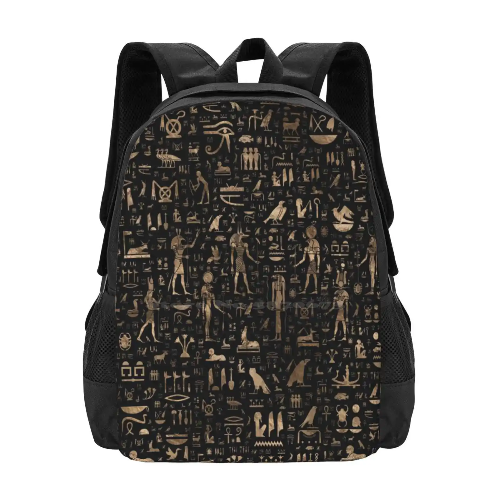 Ancient Egyptian Gods And Hieroglyphs-Black And Gold Hot Sale Backpack Fashion Bags Egyptian Hieroglyphs Hieroglyphics Egyptian