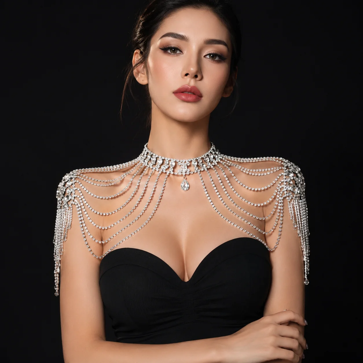 Luxurious Rhinestone Design Tassel Shoulder Strap for Women Body Crystal Necklace One-Piece Shoulder Chain Bridal Accessories